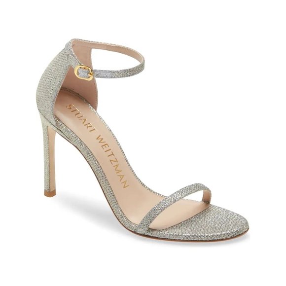 $500 STUART WEITZMAN NUDISTSONG 4" STRAP SANDAL NEW NOIR PLATINUM 9.5 (PA2)